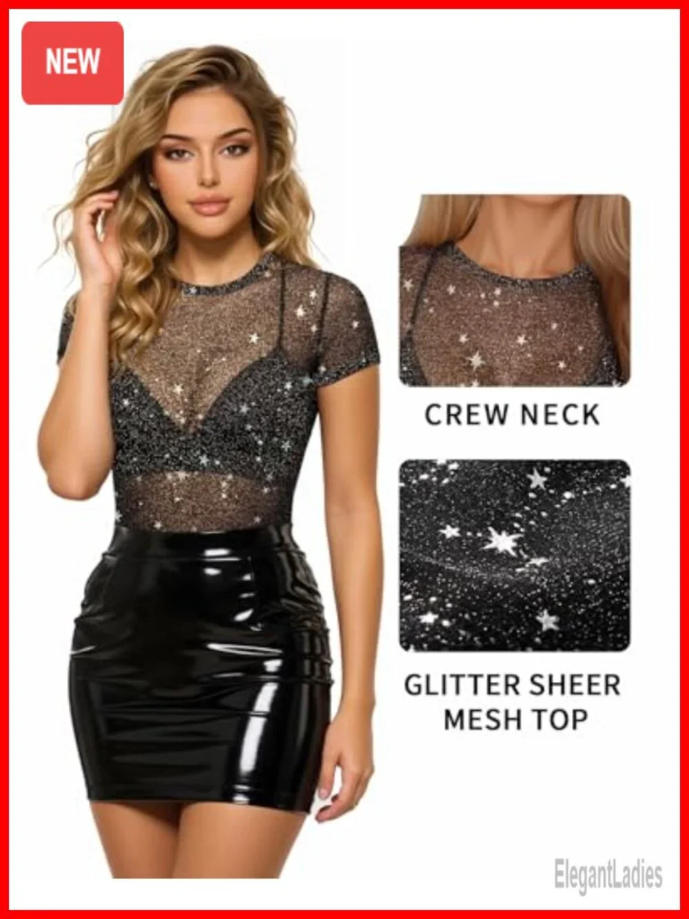 Women's Short Sleeve Glitter Mesh Crop Top Sheer See Through Tee